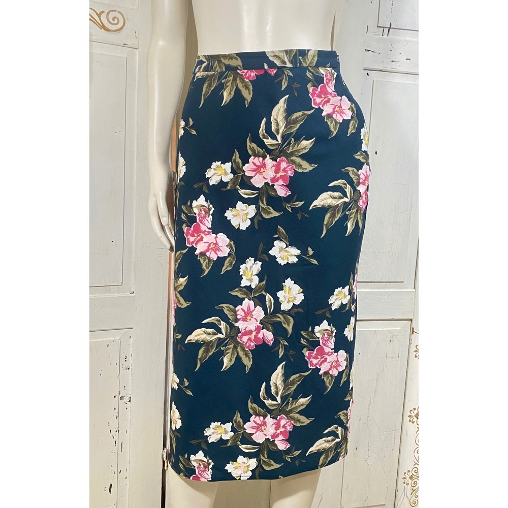 Volcom Floral Midi Skirt Teal Pink Hibiscus Tropical Pencil Skirt Size M - Picture 2 of 9